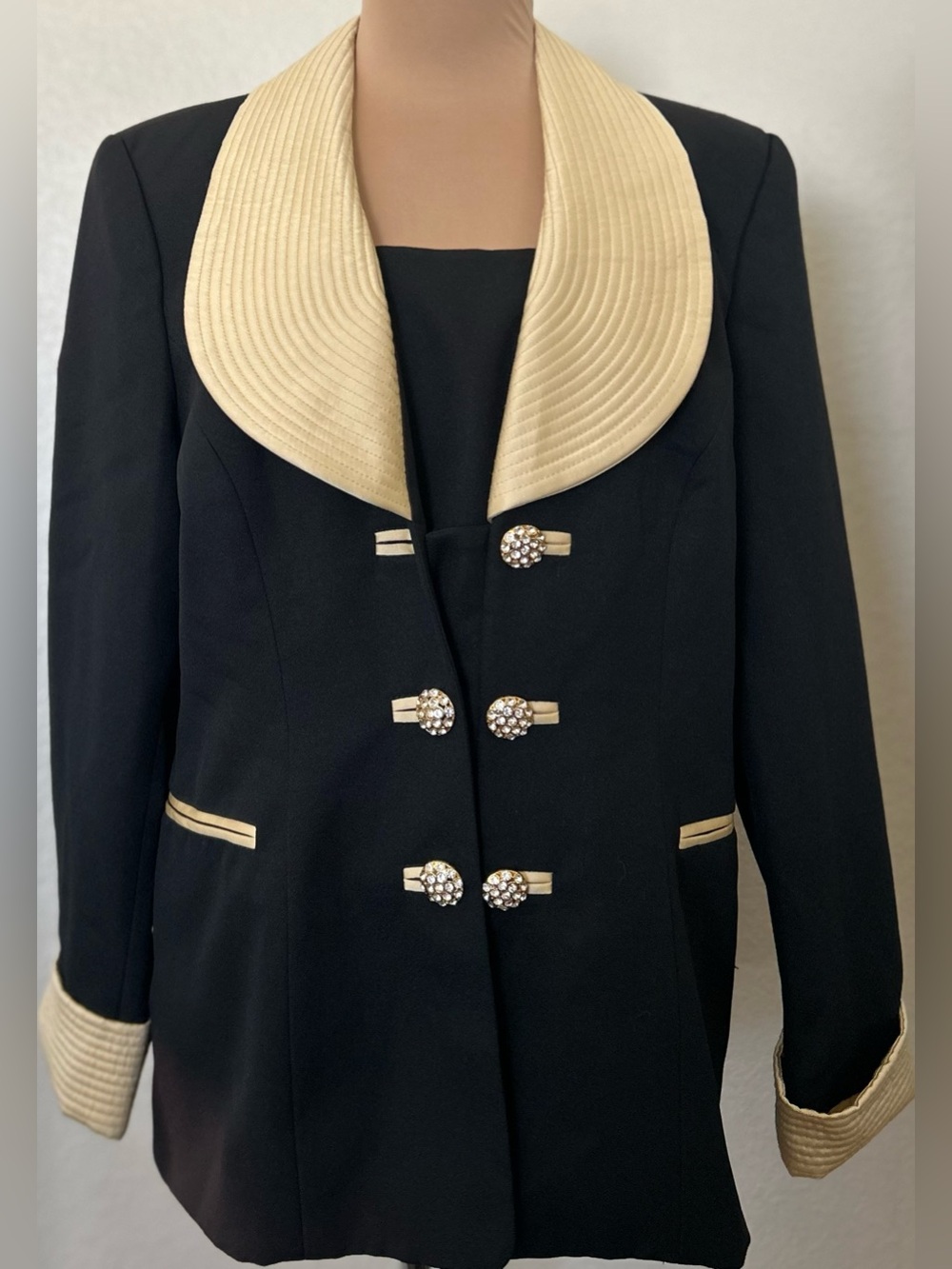 Black Blazer with Cream Shawl Collar and Jeweled Buttons